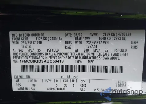 2019 Ford Escape Se from USA, damaged, VIN 1FMCU9GD3KUC50418